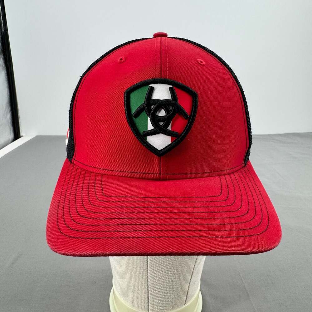 Ariat Red Black Mesh Trucker Hat Mexican Flag Patch
